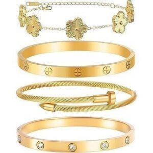 Gold Bracelets For Women-4Sets,18K Gold Plated Bracelet,Stainless Steel Bangle
